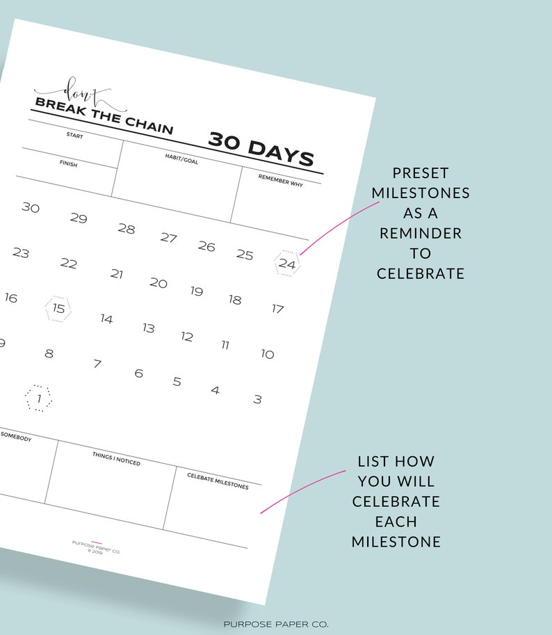 Dont Break the Chain Habit Building Tracker 30 Day 60 Day / Goal ...