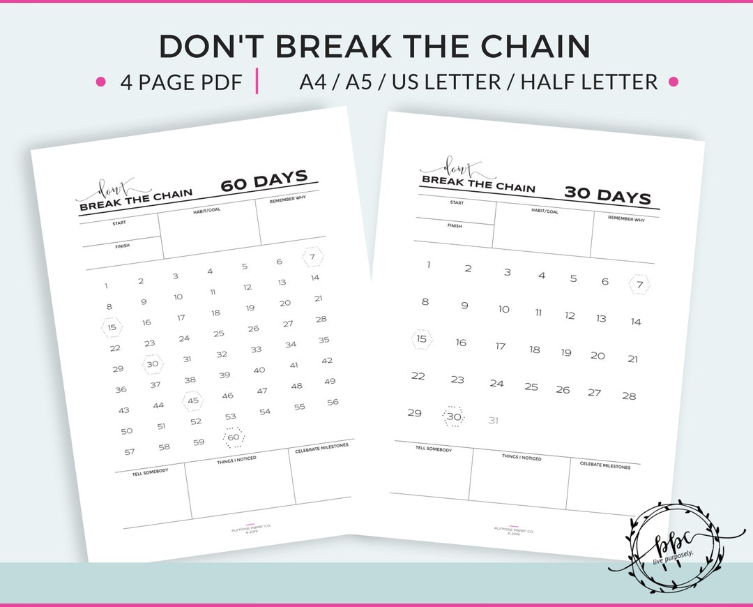 Dont Break the Chain Habit Building Tracker 30 Day 60 Day / Goal