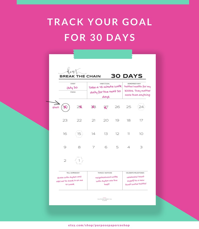 Dont Break the Chain Habit Building Tracker 30 Day 60 Day / Goal