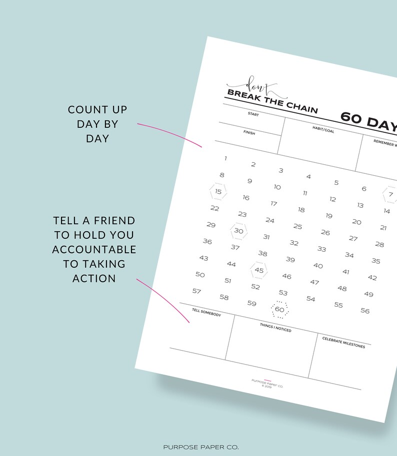 Dont Break the Chain Habit Building Tracker 30 Day 60 Day / Goal ...