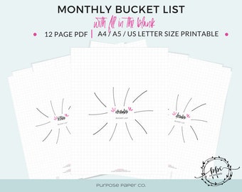 Bucket List PDF Printable | Mind Map | Grid Paper | Goals List | PDF Printable | Fill in the Blank | Yearly To Do List | US Letter | Success