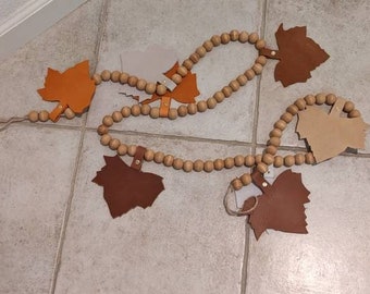Autumn Leather Leaves Wood Bead Banner
