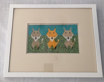 Three Little Foxes Seed Bead Loom Work Framed Art