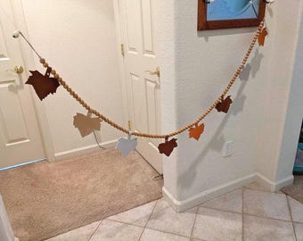 Autumn Leather Leaf Garland: Farmhouse Wood Bead Banner