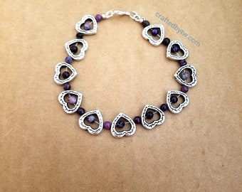 Purple Lepidolite Beads and Metal Heart Bracelet