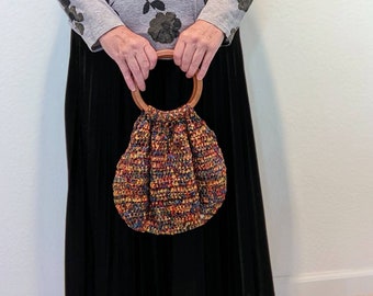 Hobo Handbag Purse Crocheted Ribbon with  Wood Handles.