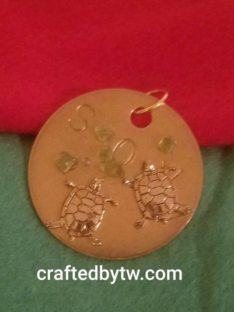 Upcycled Recycled Brass Pendant with Turtles and Peridot image 2