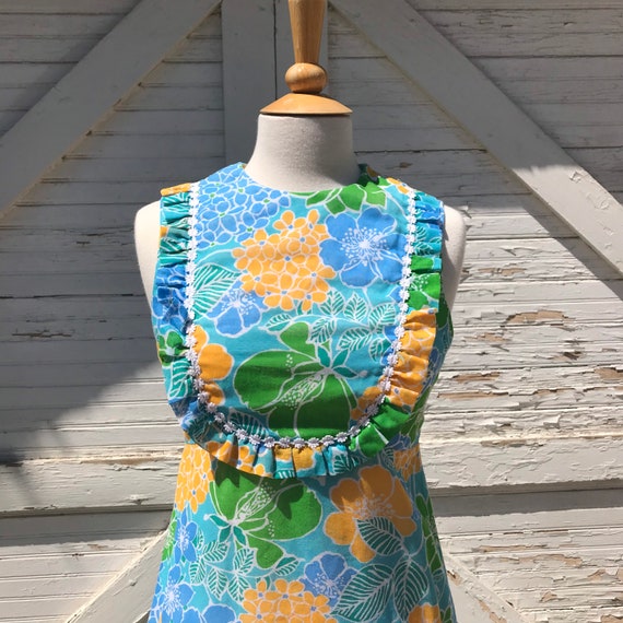 Vintage 60s Tropical Ruffle Bib Maxi Dress, Small