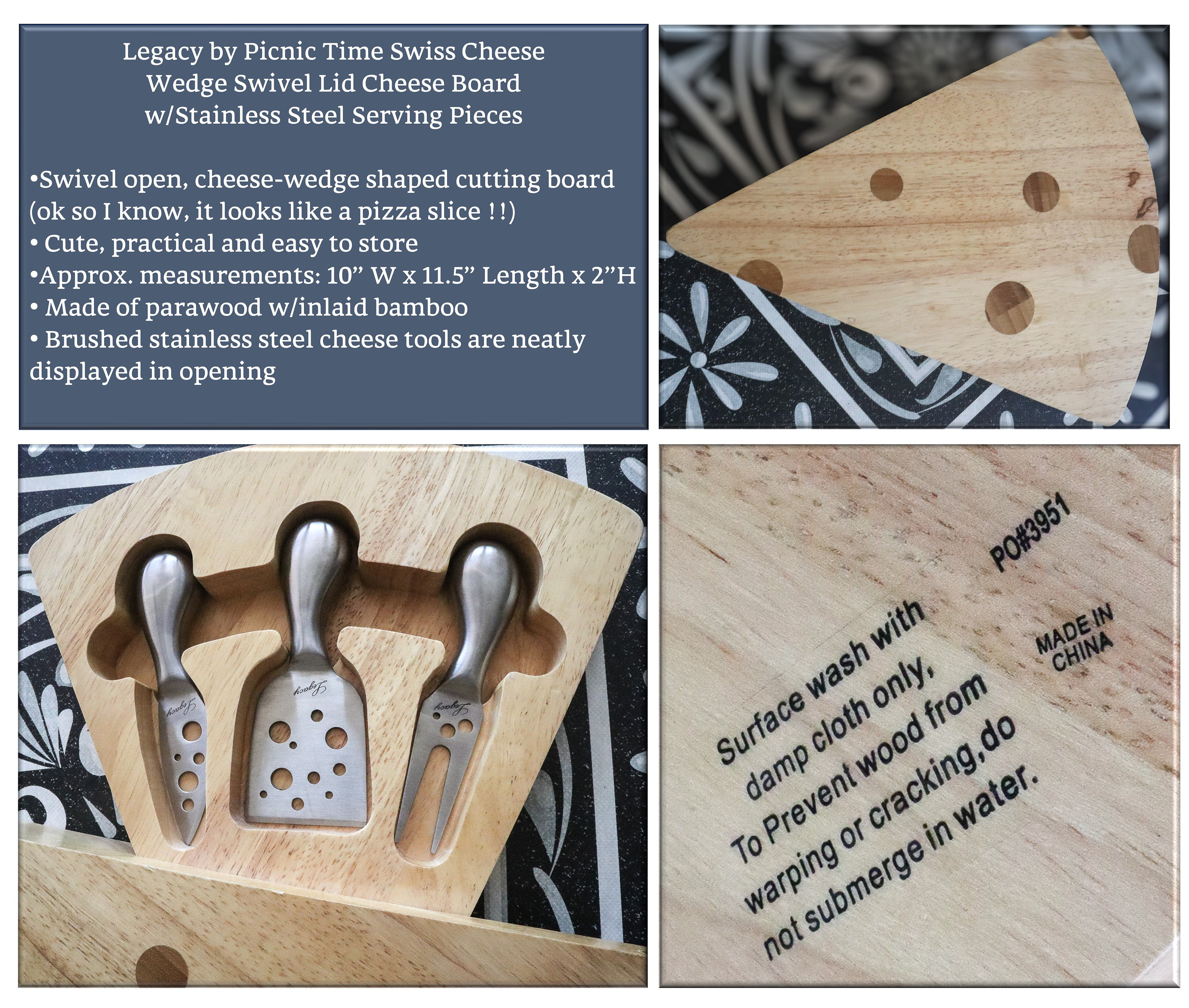 Swiss Cheese Wedge Board: Picnic Time Parawood Swivel Lid With