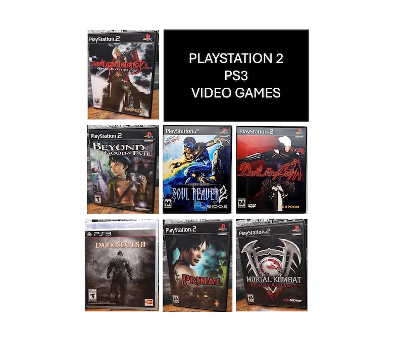 May include: A selection of PlayStation 2 and PS3 video games. The game cases display various action and adventure titles, with cover art showing characters and scenes from each game. The text "PLAYSTATION 2 PS3 VIDEO GAMES" is visible.