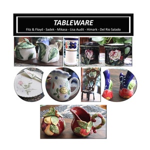 May include: A collection of ceramic tableware featuring various designs, including floral patterns, a rooster, and fruit. The tableware includes a creamer, sugar bowl, mugs, and a plate. The text "Gardens de Provence" is visible on two of the mugs.