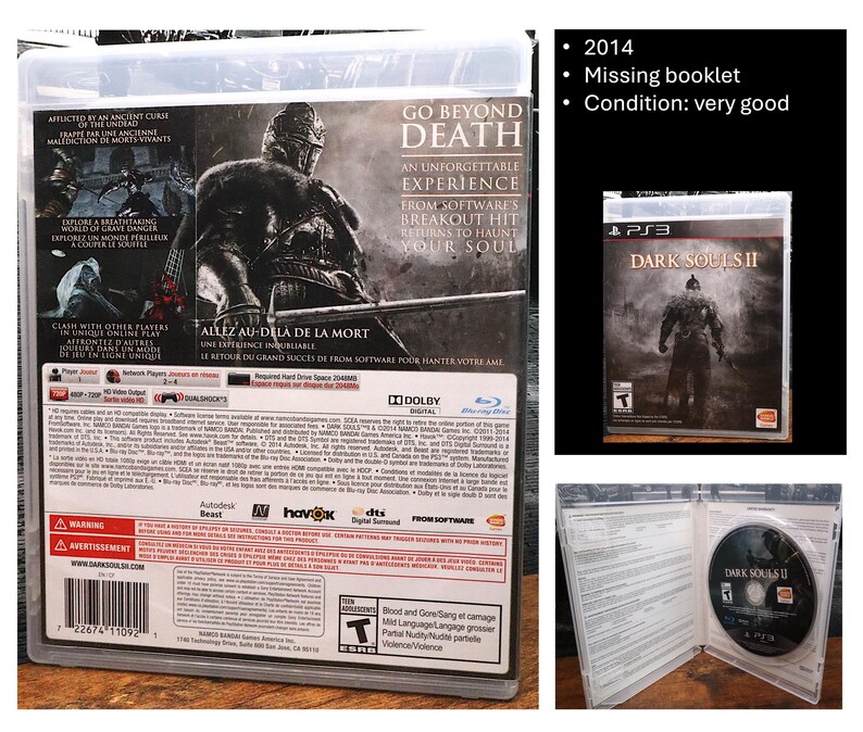 May include: A used copy of the PS3 game Dark Souls II. The game case features a warrior figure and the title. The back of the case has game details and the text "Go Beyond Death". The disc is visible inside the case.