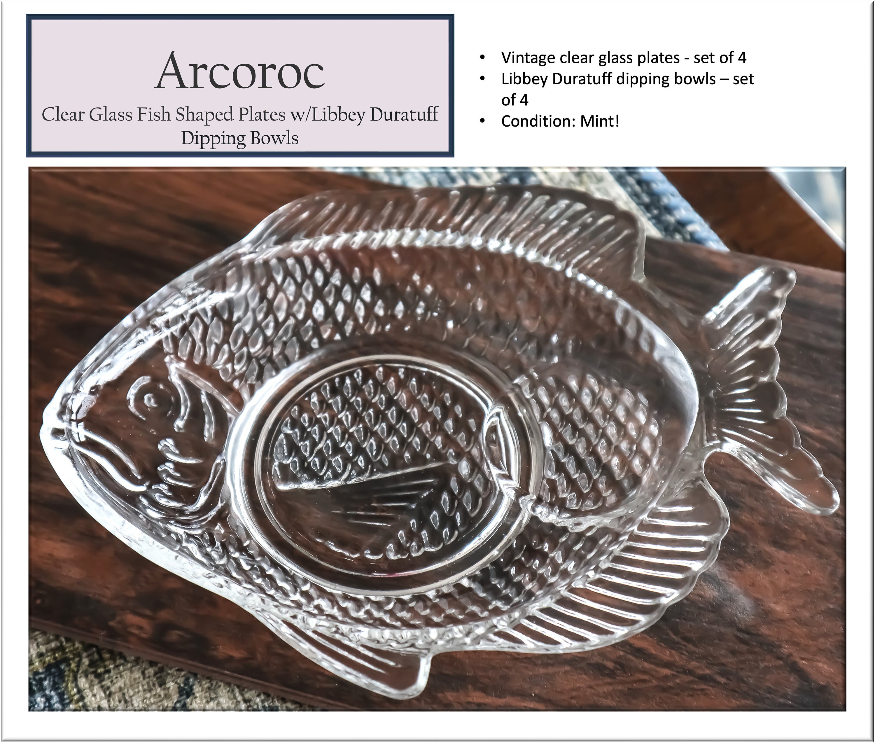 Arcoroc Clear Glass Fish Shaped Plates W/libbey Duratuff Dipping Bowls
