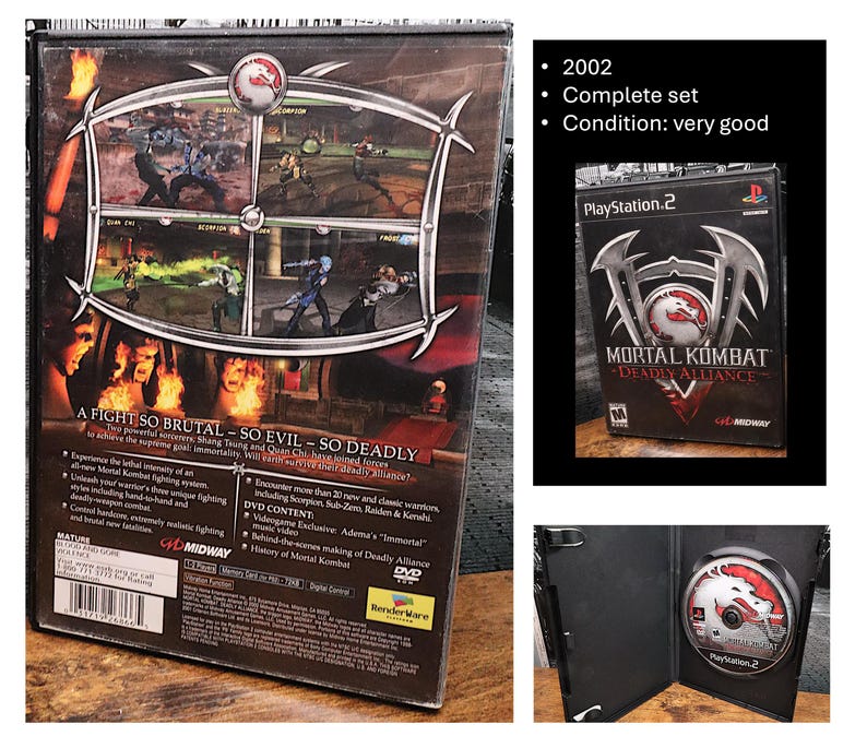 May include: Mortal Kombat: Deadly Alliance PlayStation 2 game. The game case features a black and silver design with the Mortal Kombat logo. The back of the case shows gameplay screenshots and text that reads "A FIGHT SO BRUTAL - SO EVIL - SO DEADLY."