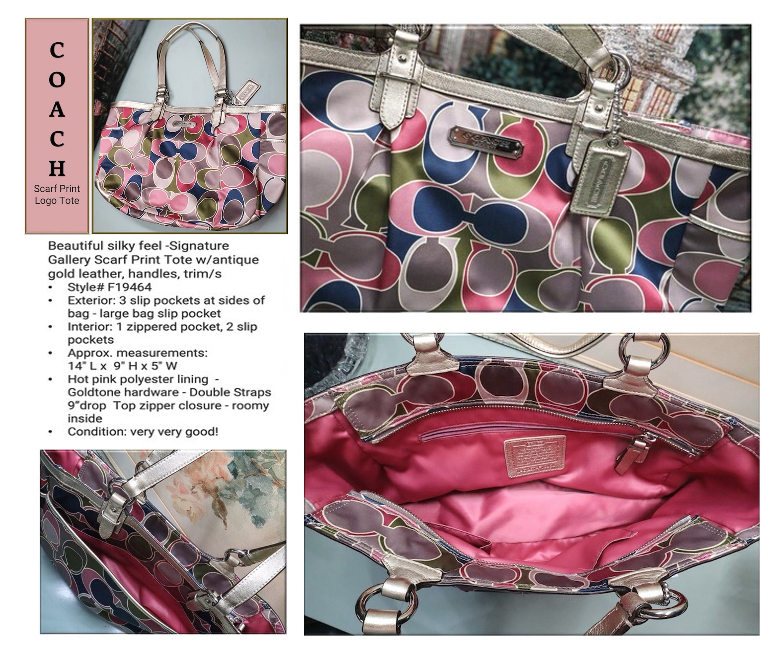 美品Coach Colette Scarf Print Monogram Bag COACH Signature Logo Scarf Print Tote & Cosmetic Travel Kit Case
