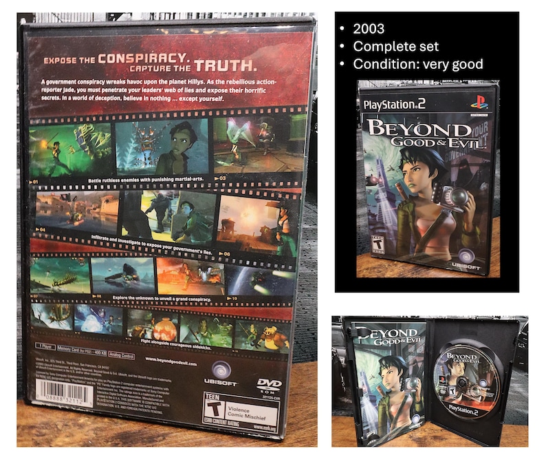 May include: A complete set of the 2003 PlayStation 2 game, "Beyond Good & Evil." The game case features a woman with a camera. The back of the case has screenshots and the text "EXPOSE THE CONSPIRACY. CAPTURE THE TRUTH."