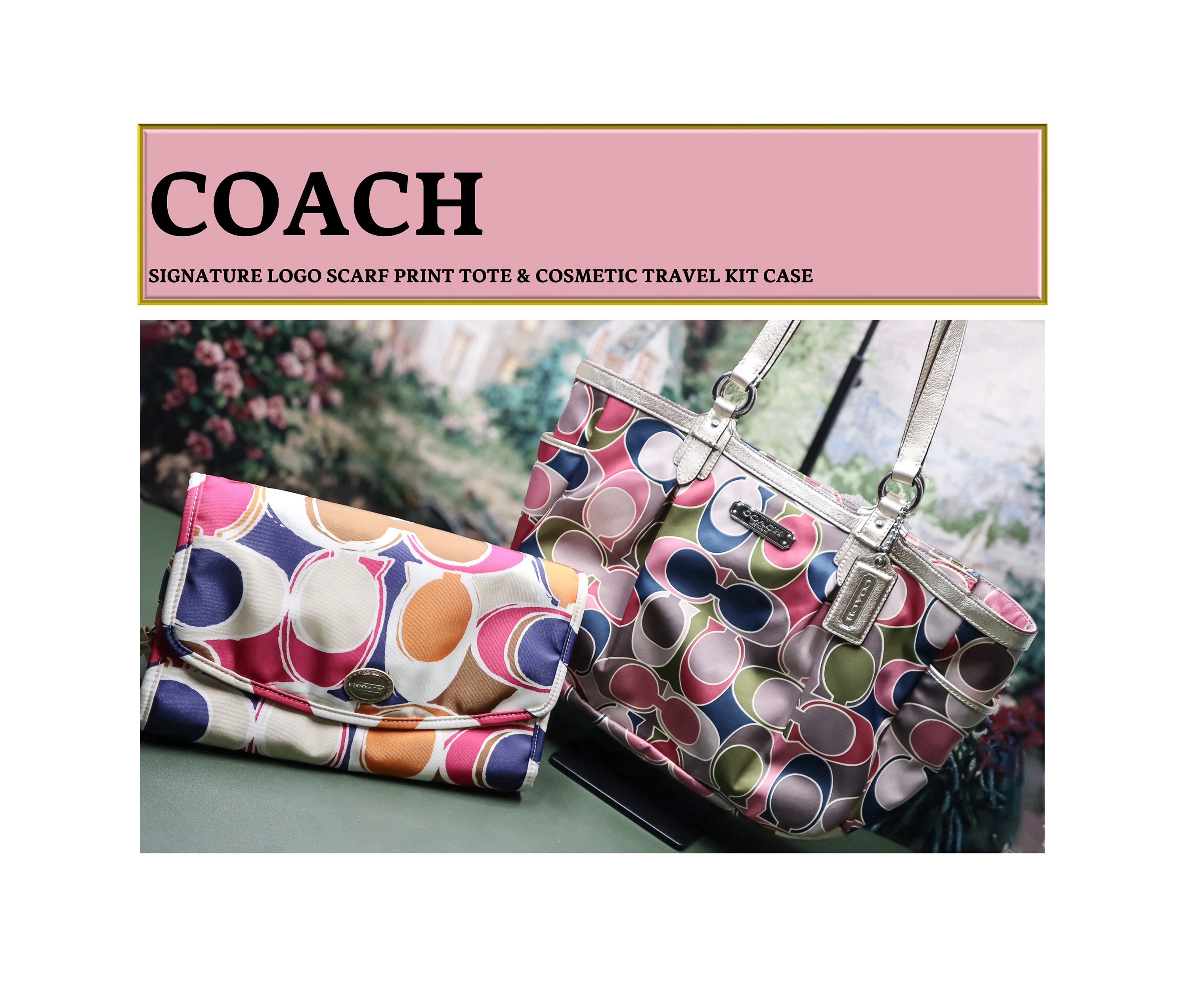 COACH Signature Logo Scarf Print Tote & Cosmetic Travel Kit Case
