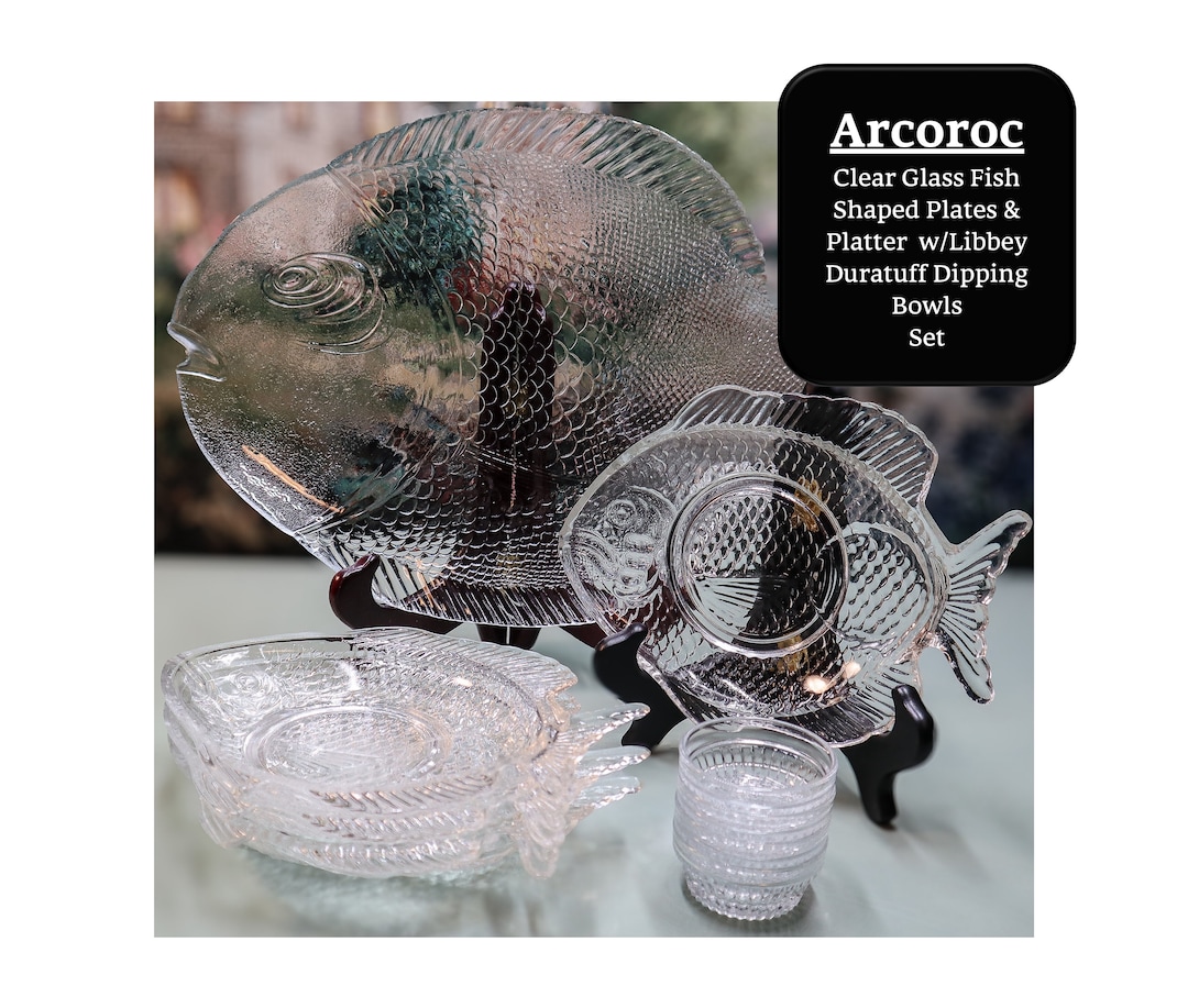 Arcoroc Clear Glass Fish Shaped Plates W/libbey Duratuff Dipping Bowls