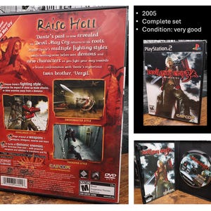 May include: A complete set of the 2005 PlayStation 2 game, Devil May Cry 3. The game case features a character with a sword and the title. The back of the case details gameplay and features. The disc is visible inside the open case.