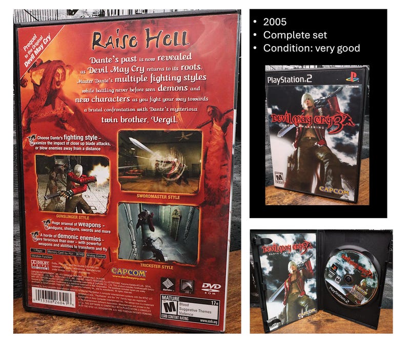 May include: A complete set of the 2005 PlayStation 2 game, Devil May Cry 3. The game case features a character with a sword and the title. The back of the case details gameplay and features. The disc is visible inside the open case.