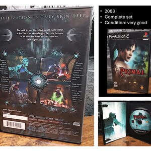 May include: A complete set of the PlayStation 2 game "Primal" from 2003. The game case features a woman's portrait and the title. The back of the case has game screenshots and text that reads "Civilization is only skin deep."