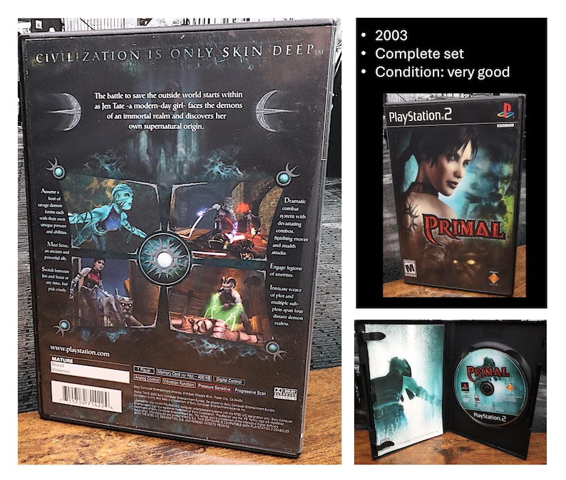 May include: A complete set of the PlayStation 2 game "Primal" from 2003. The game case features a woman's portrait and the title. The back of the case has game screenshots and text that reads "Civilization is only skin deep."