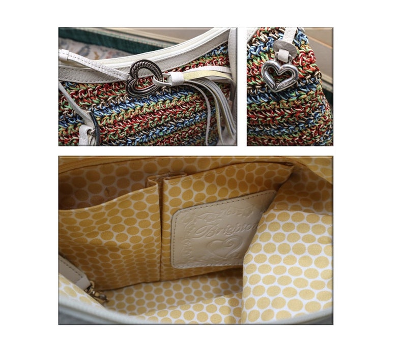 May include: A white crocheted tote bag with a colorful striped pattern and a silver heart charm. The bag has a white leather handle and a white leather lining with a yellow polka dot pattern. The lining has a leather patch with the word "Brighton" and a heart logo.