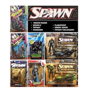 May include: A collection of Spawn action figures in original blister packaging, including Widow Maker, Spawn II, Tiffany, Mandarin, Flashpoint, Green Vapor, and Tiffany the Amazon. The display features various character models and vehicles.