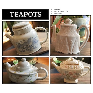 May include: A collage of four teapots. The top left teapot is white with blue floral designs. The top right teapot is white with embossed patterns. The bottom left teapot is white with floral and vine designs. The bottom right teapot is white with pink floral designs.