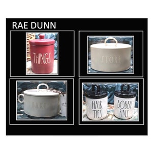 May include: Four ceramic canisters with lids, labeled "Things", "Store", "Bake", and "Hair Ties" and "Bobby Pins". The canisters are white with black lids, except for the "Things" canister, which is red with a white lid.