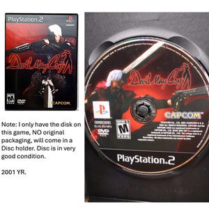 May include: A PlayStation 2 game disc for "Devil May Cry." The disc features a character with white hair holding a gun, set against a red and black background. The game's title is prominently displayed in red. The disc is in a black case.