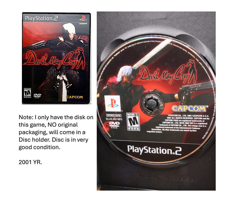 May include: A PlayStation 2 game disc for "Devil May Cry." The disc features a character with white hair holding a gun, set against a red and black background. The game's title is prominently displayed in red. The disc is in a black case.