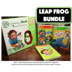 May include: A Leap Frog Bundle featuring a green and white reading system with a green puppy pal, and several colorful books. The box reads "Get Ready to Read" and "Tag Junior". The bundle is designed for preschool children aged 1-4 years.