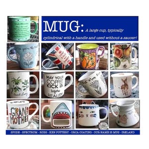 May include: A collection of 10 colorful mugs with various designs and sayings. The mugs are arranged in a grid pattern on a white background. The text on the mugs includes "Irish Blessing", "You are the best", "Keep Calm and Carry On", "May your coffee kick in before reality", "Best Mom Ever", "Plant Lady", "You are Loud Grandma", "Sharks", "Cat", and "Milk".