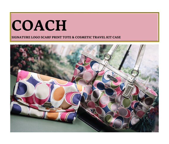 COACH Signature Logo Scarf Print Tote Cosmetic Travel Kit Case Etsy