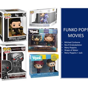 May include: Collection of Funko Pop! figures from movies, including Michael Corleone, Rev-9 Endoskeleton, Mary Poppins, Shape of Water, and Mary Poppins + Jack. Each figure is in its original box, with the Funko Pop! logo.