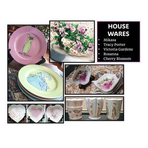 May include: A collection of housewares including decorative plates, heart-shaped dishes, and floral-decorated teacups. The plates feature hand-drawn dress designs. The image also includes a small bonsai tree and a sign that says "HOUSEWARES".