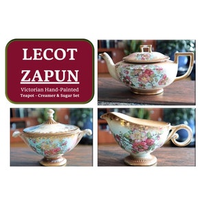 Lecot China Zapun -Victorian Hand Painted - Pink Flowers - Rose Shading/Tea Pot, Sugar & Creamer set/Vintage