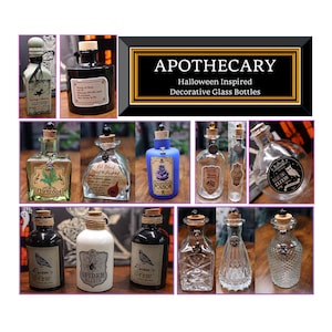 May include: A collection of decorative glass bottles labeled Apothecary Halloween Inspired Decorative Glass Bottles. The bottles feature various shapes, cork stoppers, and labels with names like Raven's Brew, Spider Elixir, and Night Owl Elixir.