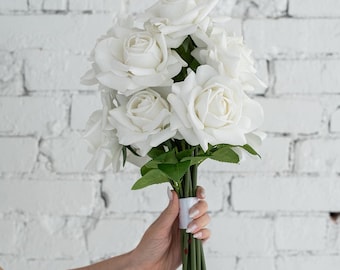 White Real Touch Rose Bridal Bouquet: Faux Floral Wedding Bouquet