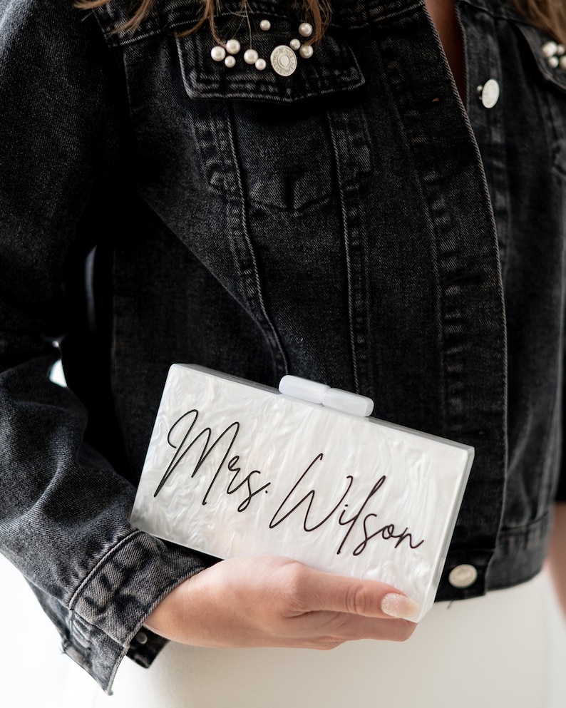 Personalized Acrylic Clutch, Box Clutch, Custom Mrs. Clutch, Bridal Clutch, Custom Bride Clutch, Mrs. Purse, Acrylic Purse, Acrylic Clutch image 2