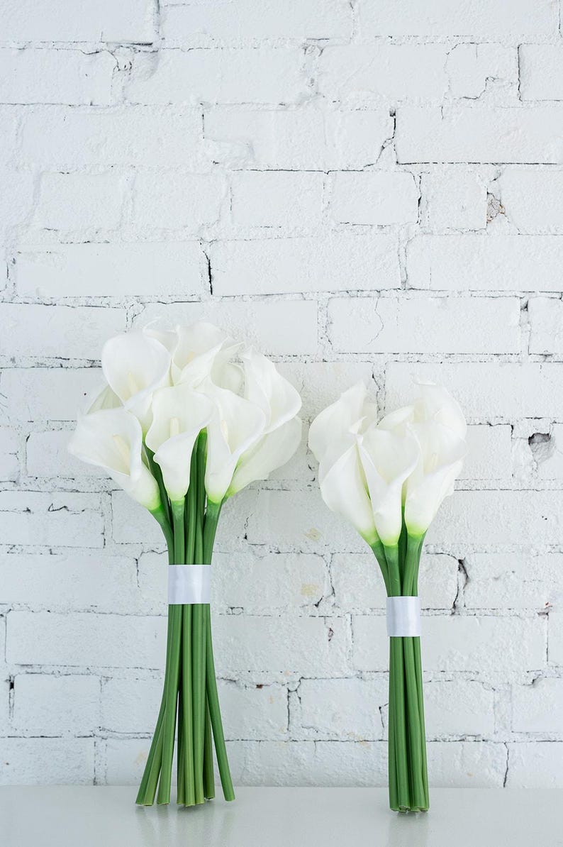 May include: Two bouquets of white calla lilies with green stems, tied with white ribbon. The flowers are set against a white brick wall, creating a clean and elegant aesthetic. Ideal for weddings or home decor.