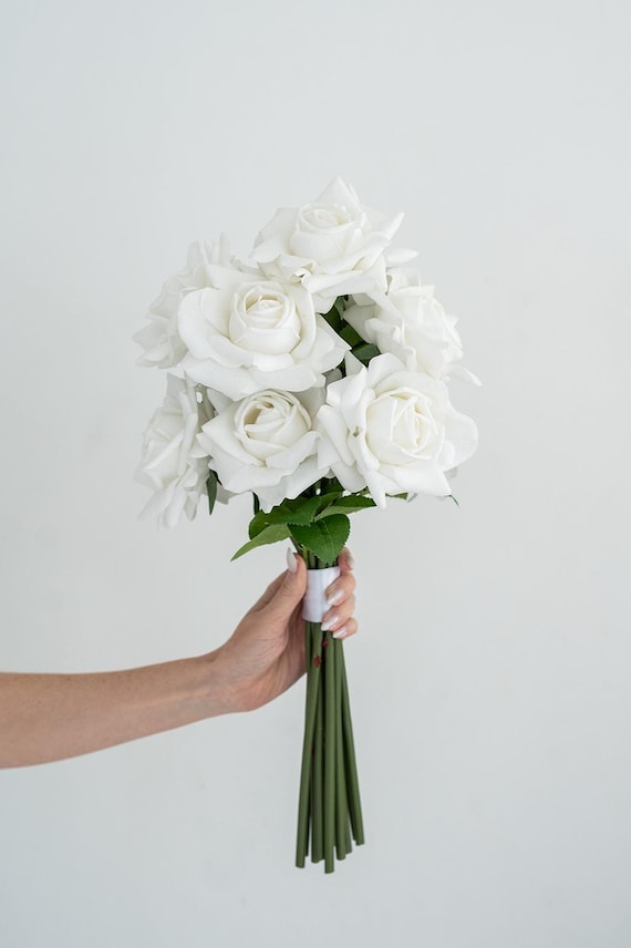 White Real Touch Rose Bridal Bouquet: Faux Floral Wedding Bouquet