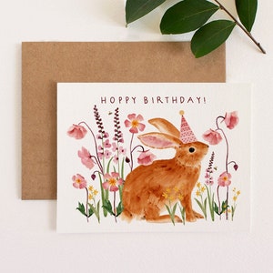 Hoppy Geburtstagskarte | Niedliches Kaninchen Frühlings Geburtstags Aquarell Karte