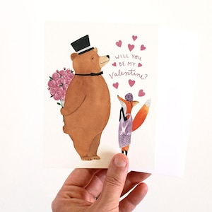 Saint-Valentin ours et renard | Carte de Saint-Valentin aquarelle douce