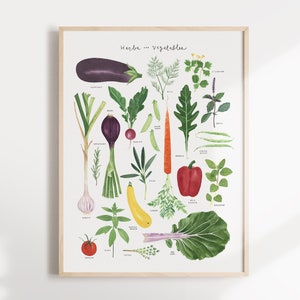 Hierbas y verduras gran cartel arte impresión / decoración de cocina de hierbas y verduras / hierbas y verduras de acuarela imagen 1