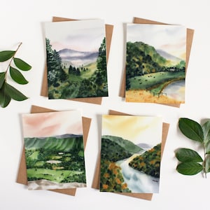 Hills and Meadows Greeting Card Set | Watercolor Landscape Greeting Cards | Watercolor Notecards