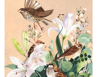 Among the Lilies Watercolor Giclée Art Print | Watercolor Sparrows and Lilies