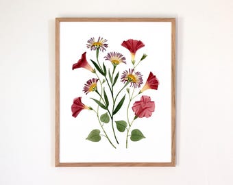 September Birth Flower Print | Watercolor Aster + Morning Glory  | Framed or Unframed Giclee Art Print