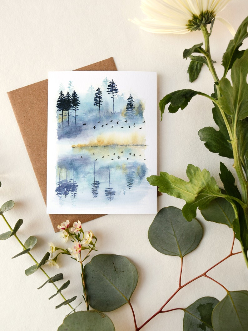Morning Mist Greeting Card Watercolor Landscape Artwork